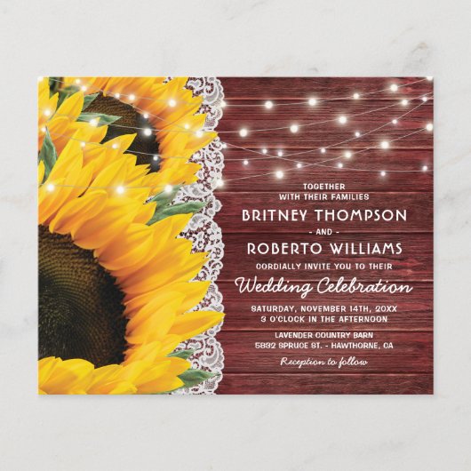 Budget Rustic Sunflower Lace Wedding Uitnodiging (Voorkant)