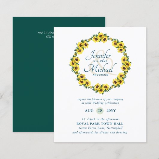 BUDGET Rustic Sunflower Wreath Wedding Invite (Voorkant / Achterkant)