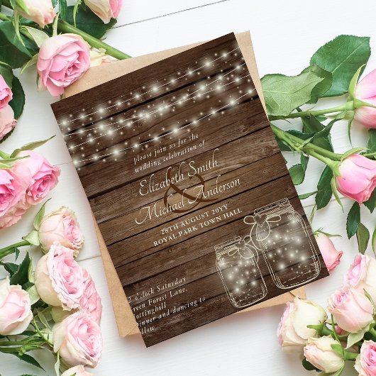 Budget Rustic Wedding Invitation Mason Jars Lights