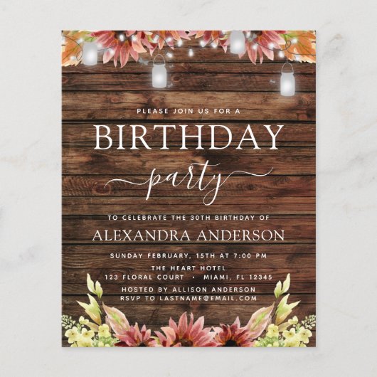 Budget Rustic Wood Autumn Sunflower 30th Birthday Flyer (Voorkant)