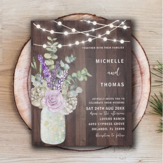 Budget Rustic Wood Mason Jar Wedding Uitnodiging