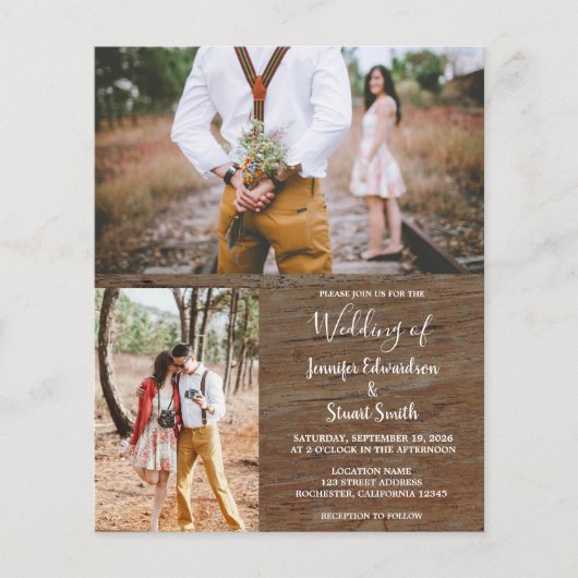 Budget rustic wood photo wedding invitation flyer (Voorkant)