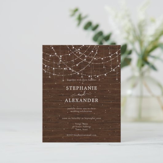 Budget Rustic Wood String Lights Wedding Invite (Staand voorkant)