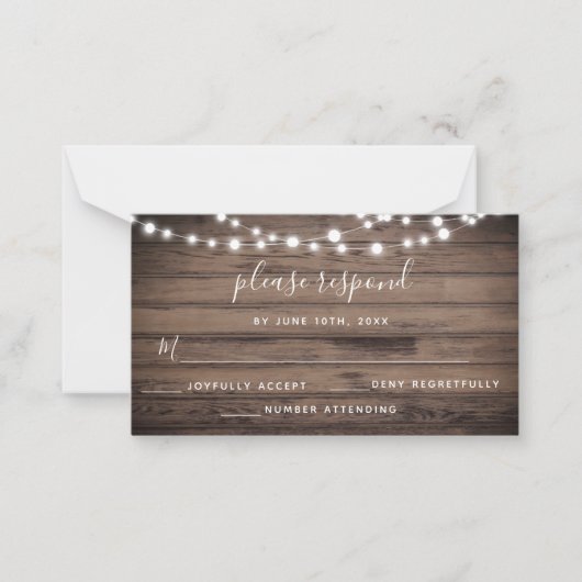 Budget Rustic Wood String Lights Wedding RSVP Kaar Notitiekaartje (Voorkant)