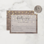 Budget Rustic Wood String Lights Wedding RSVP Kaar Notitiekaartje (Voorkant / Achterkant in situ)