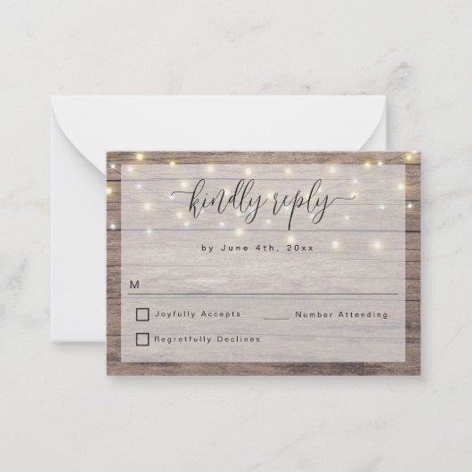 Budget Rustic Wood String Lights Wedding RSVP Kaar Notitiekaartje (Voorkant)