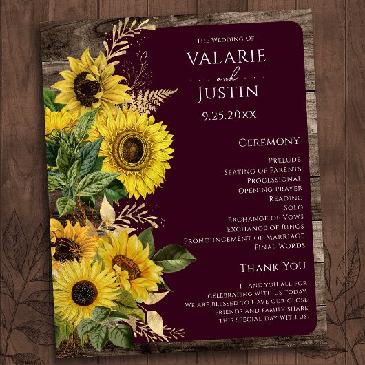 Budget Rustic Wood Sunflower Wedflower Programme d