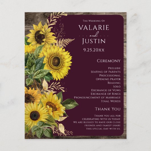 Budget Rustic Wood Sunflower Wedflower Programme d (Devant)