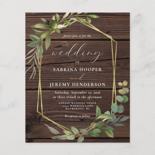 Budget Rustiek Hout Groen Huwelijksuitnodiging (Voorkant)