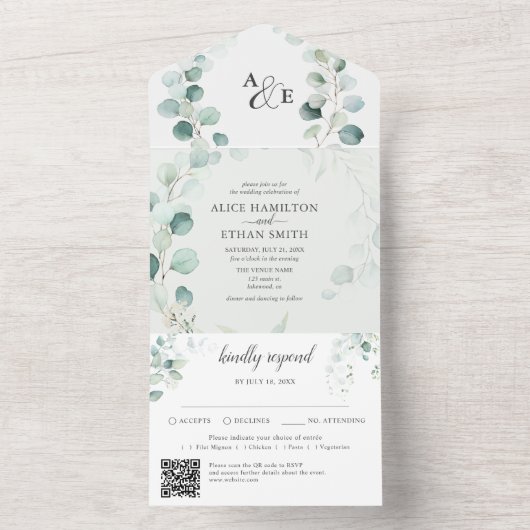 Budget rustieke groen eucalyptus salie bruiloft all in one uitnodiging (Binnen)