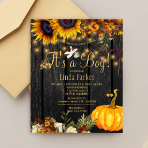 Budget rustieke herfst baby jongen shower uitnodig