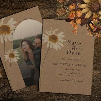 Budget rustieke kraft gedroogde zonnebloem bruilof save the date