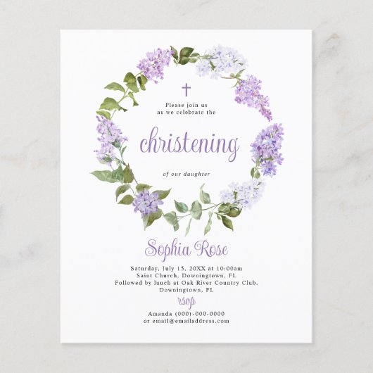 Budget Rustieke Lila Bloemen Doopuitnodiging (Voorkant)