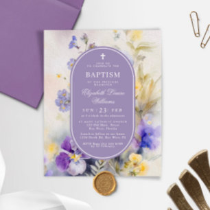 Budget Rustieke Paarse Bloemen Doopuitnodiging