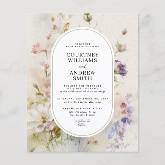 Budget rustieke Wildbloemen bruiloft uitnodiging (Voorkant)