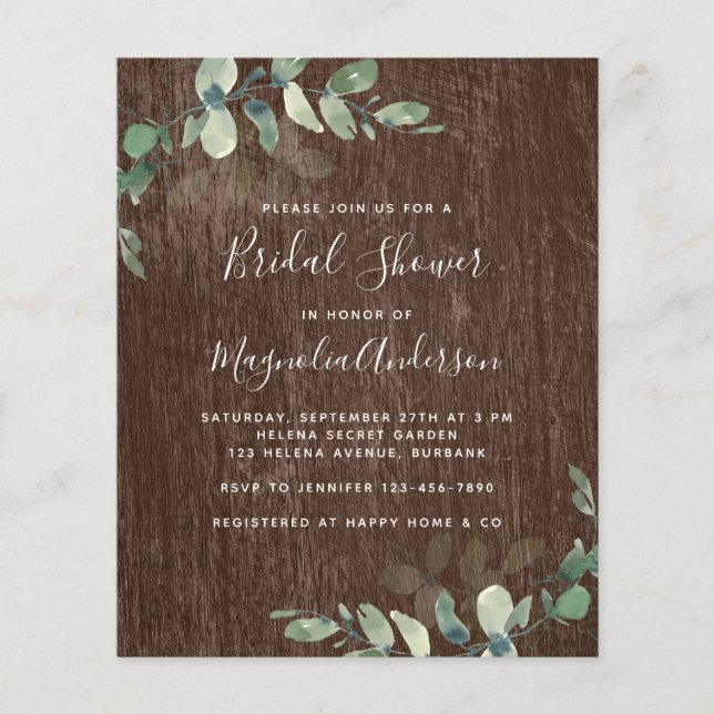 BUDGET Rustige Eucalyptus Bridal Shower Uitnodigin (Voorkant)