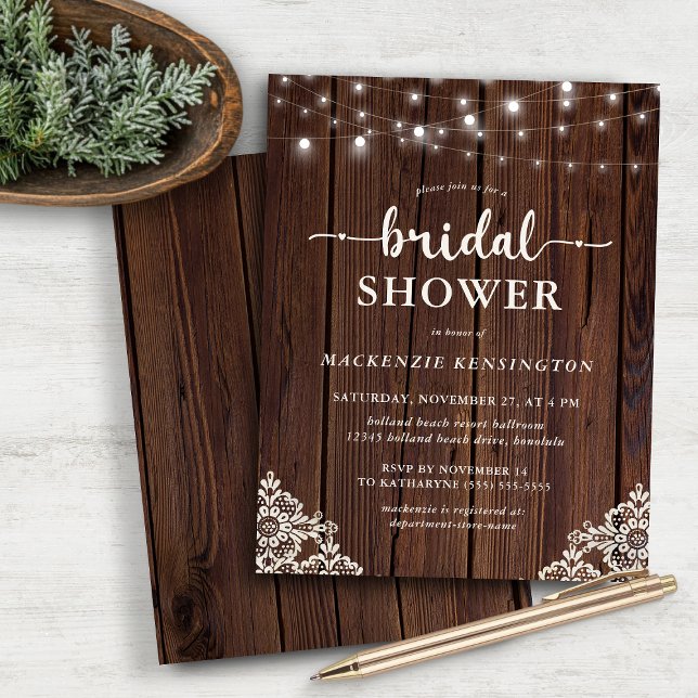 BUDGET Rustige Lace Wood String Light Vrijgezellen (BUDGET Rustic Lace Wood String Light Bridal Shower Invitation)