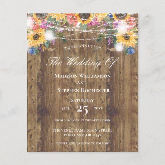 Budget Rustige Wood Sunflower & Lights Wedding (Voorkant)