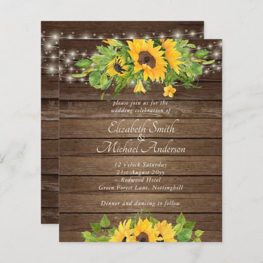 Budget Rustige Wood Sunflower Wedding Invit (Voorkant / Achterkant)