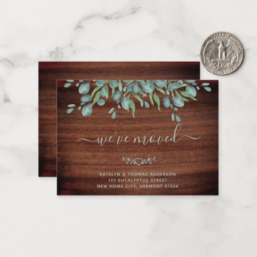 Budget Rustique Bois Eucalyptus Moving Faire-part (Devant/Arrière en situation)