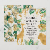 Budget Safari 3rd Birthday Green Ecru Invite (Voorkant / Achterkant)