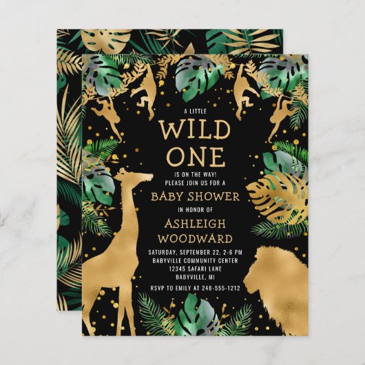 Budget Safari Baby shower Black Gold Invitation (Voorkant / Achterkant)