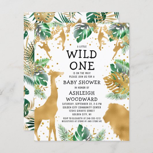 Budget Safari Baby shower Green Gold Invitation (Voorkant / Achterkant)
