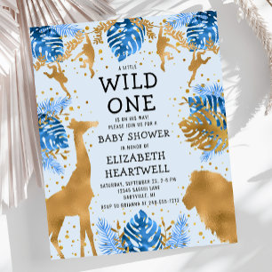 Budget Safari Blue Gold Boy Baby shower Uitnodigin