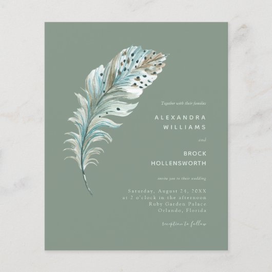 Budget Sage Boho Feather Minimal Wedding Invite (Voorkant)