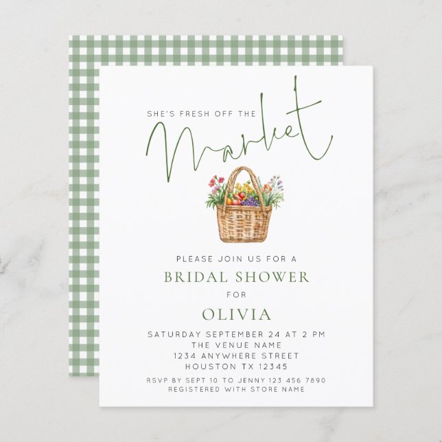 Budget Sage Gingham She’s off Market Bridal Shower (Voorkant / Achterkant)