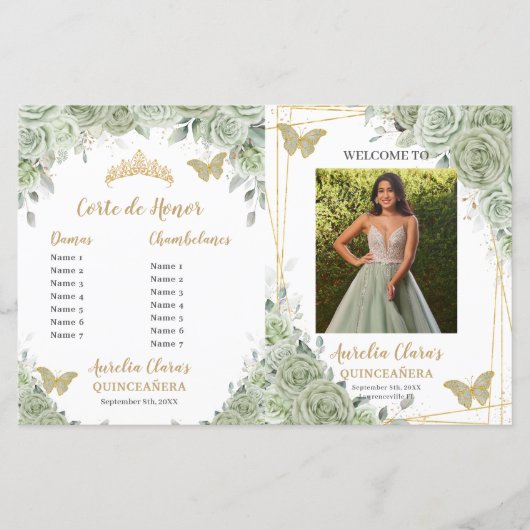 Budget Sage Green Floral Quinceanera Programme pho (Devant)