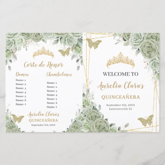 Budget Sage Green Floral Quinceanera XV Programme (Devant)