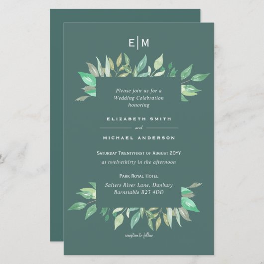 BUDGET Sage Green Greenery Leaves Wedding Invite (Voorkant / Achterkant)