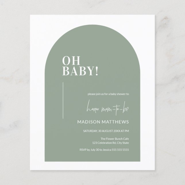 Budget Sage Green Minimale Arch Oh Baby shower (Voorkant)