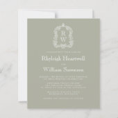 Budget Sage Green Monogram Crest Wedding Uitnodigi (Voorkant)