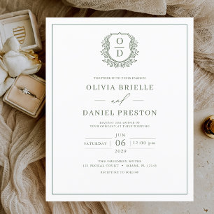 Budget Sage Green Monogram Huwelijksuitnodiging