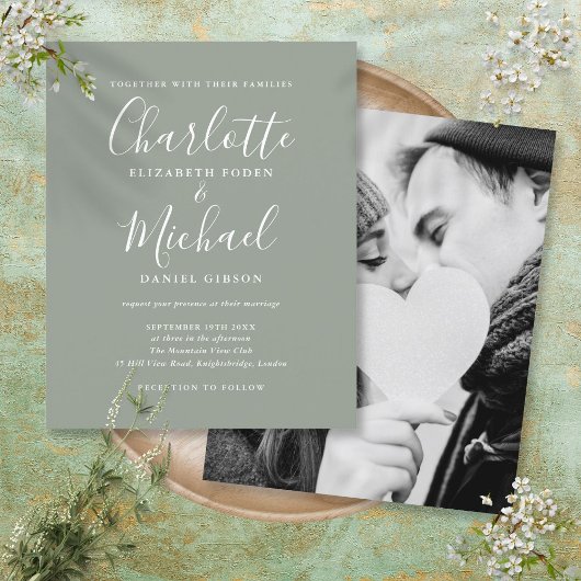 Budget Sage Green Script Foto Huwelijksuitnodiging