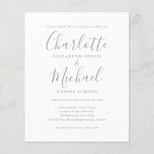Budget Sage Green Wedding Invitation (Voorkant)