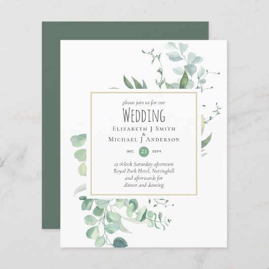 BUDGET Sage Greenery Eucalyptus Wedding Invitae (Voorkant / Achterkant)