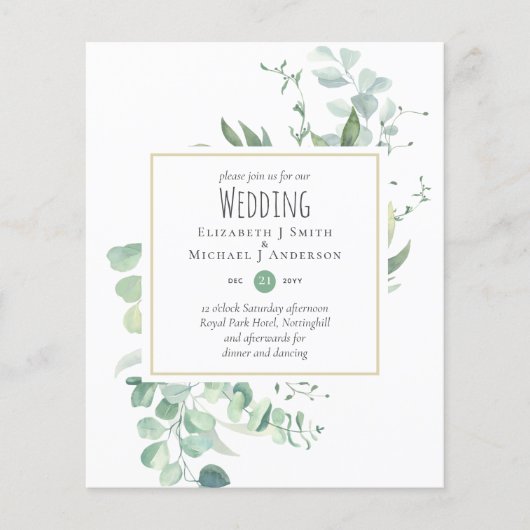 BUDGET Sage Greenery Eucalyptus Wedding Invitae (Voorkant)