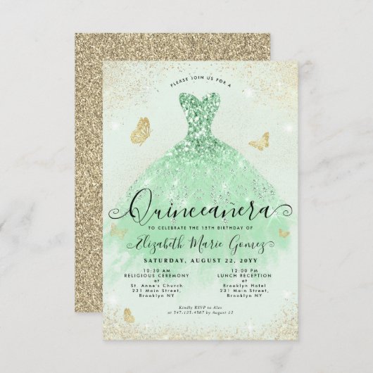Budget Sage Groen Goud Glitter Gown Quinceanera Notitiekaartje (Voorkant / Achterkant)