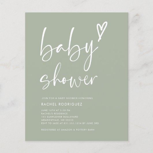 Budget Sage Groen Script Hart Baby shower Invite (Voorkant)