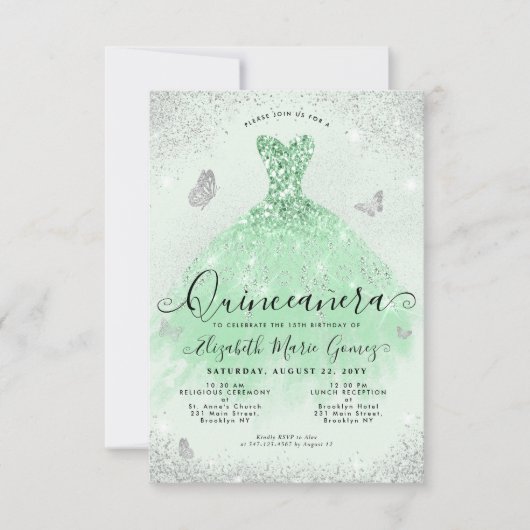 Budget Sage Groen Zilver Glitter Gown Quinceanera Notitiekaartje (Voorkant)