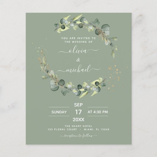 Budget Sage Groene Eucalyptus Bruiloft Uitnodiging (Voorkant)