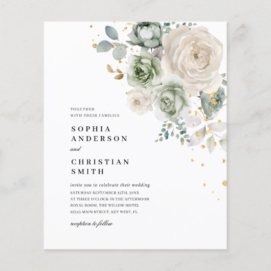 Budget Sage Groene & Witte Bloemen Bruiloft uitnod (Voorkant)