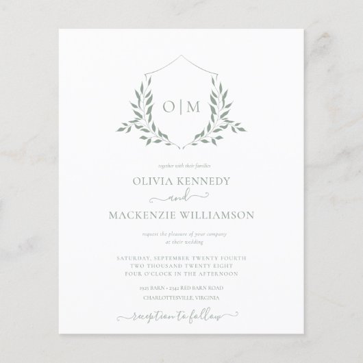 Budget Sage Leafy Crest Wedding Uitnodiging (Voorkant)