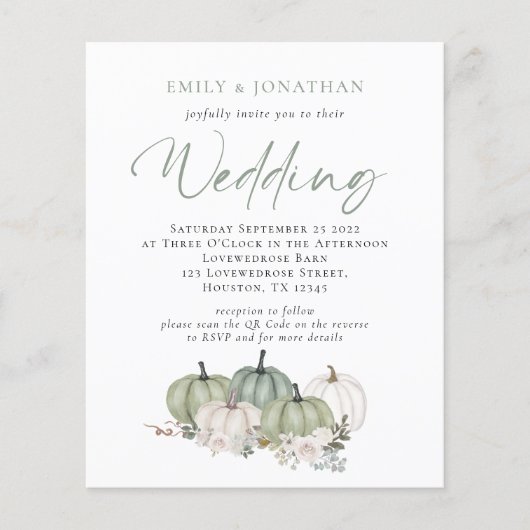 Budget Sage Pompoenen Bloemen QR Trouw Uitnodiging (Voorkant)
