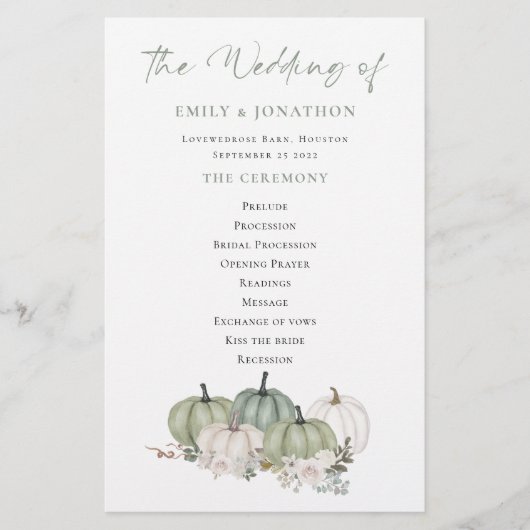 Budget Sage Pumpkins Cream Florals Wedding Program (Voorkant)