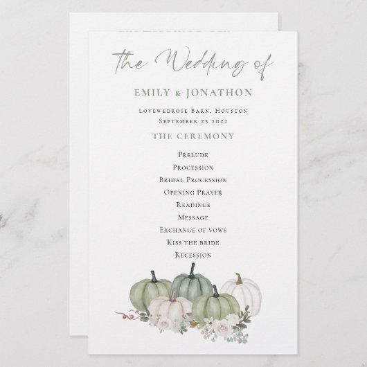 Budget Sage Pumpkins Cream Florals Wedding Program (Voorkant / Achterkant)