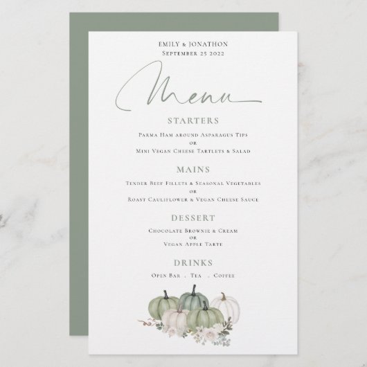 Budget Sage Pumpkins Herfst Florals Wedding Menu (Voorkant / Achterkant)